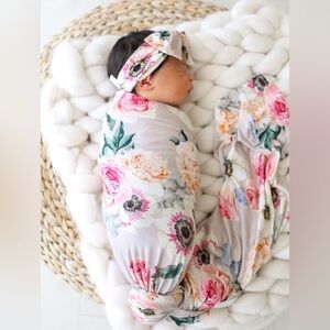 *New* Posh Peanut Baby Girl French Gray Bamboo Floral Swaddle Headband Set